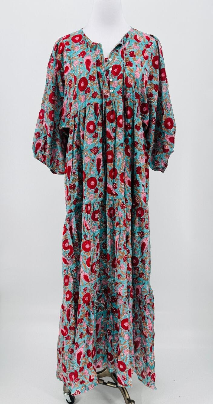 River Goddess Bliss Soma Neera Green Red Floral Tiered Peasant Maxi Dress Sz S/M